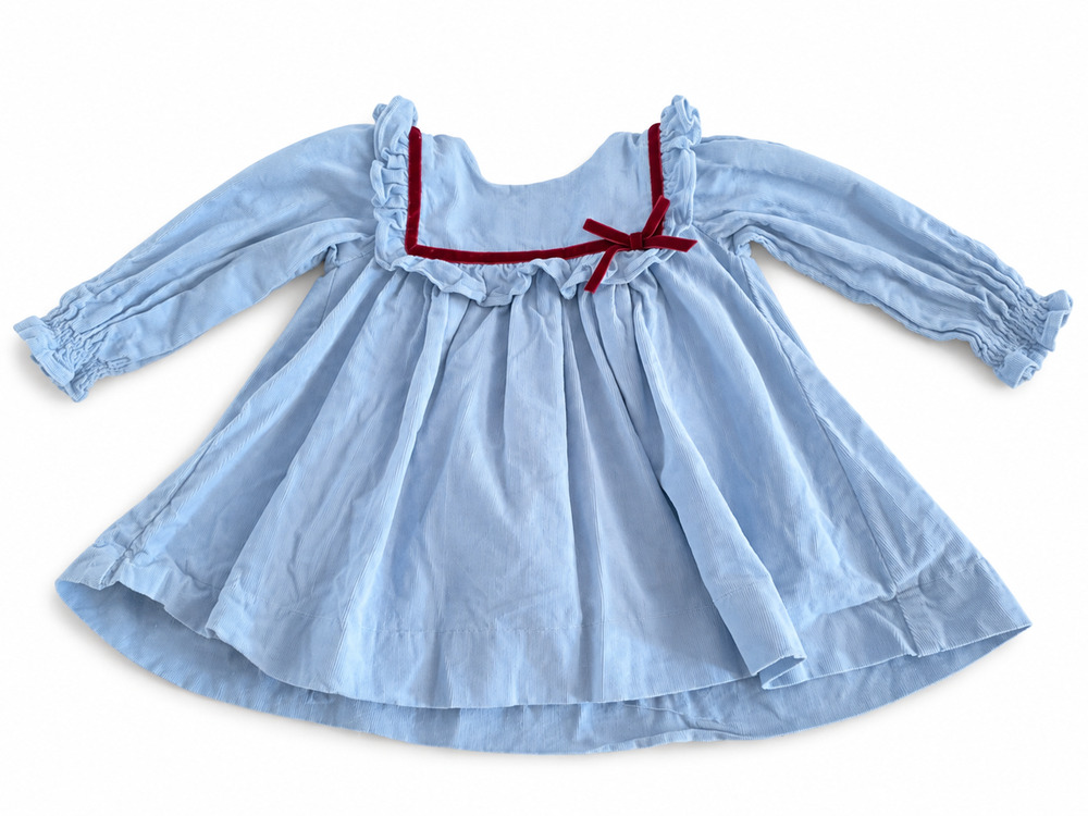 Vintage Style Blue Corduroy Dress Red Velvet Ribbon Trim Long Sleeve Pinafore